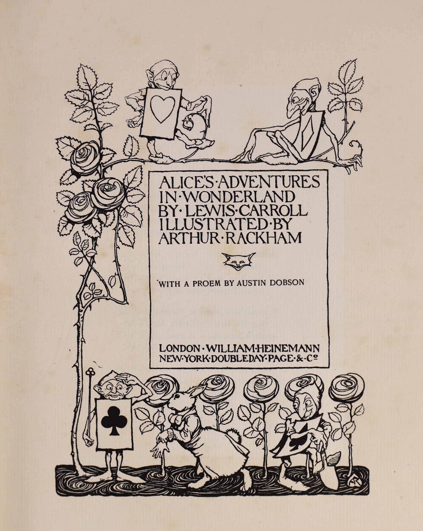 Dodgson, Charles Lutwidge - Alice’s Adventures in Wonderland, one of 1130, illustrated with 13 tipped-in coloured plates by Arthur Rackham, 4to, original cream cloth gilt, William Heinemann, London, [1907]